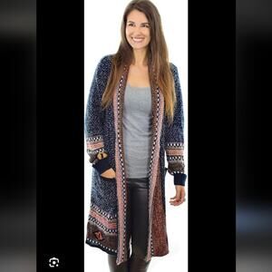 Happy Trunks Dark Blue Aztec Cowgirl Western Boho Long Cardigan Womens S-M EUC